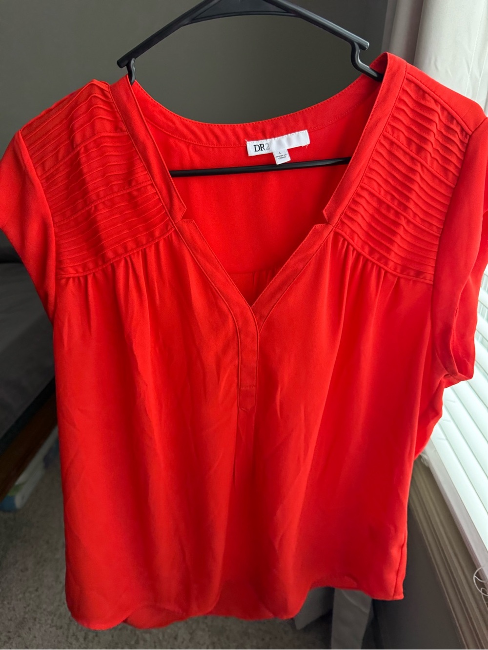 DR2 Women's Orange V-Neck Pleated Shoulder Blouse